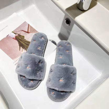 Cherry Embroidery Open Toe Plush Slippers
