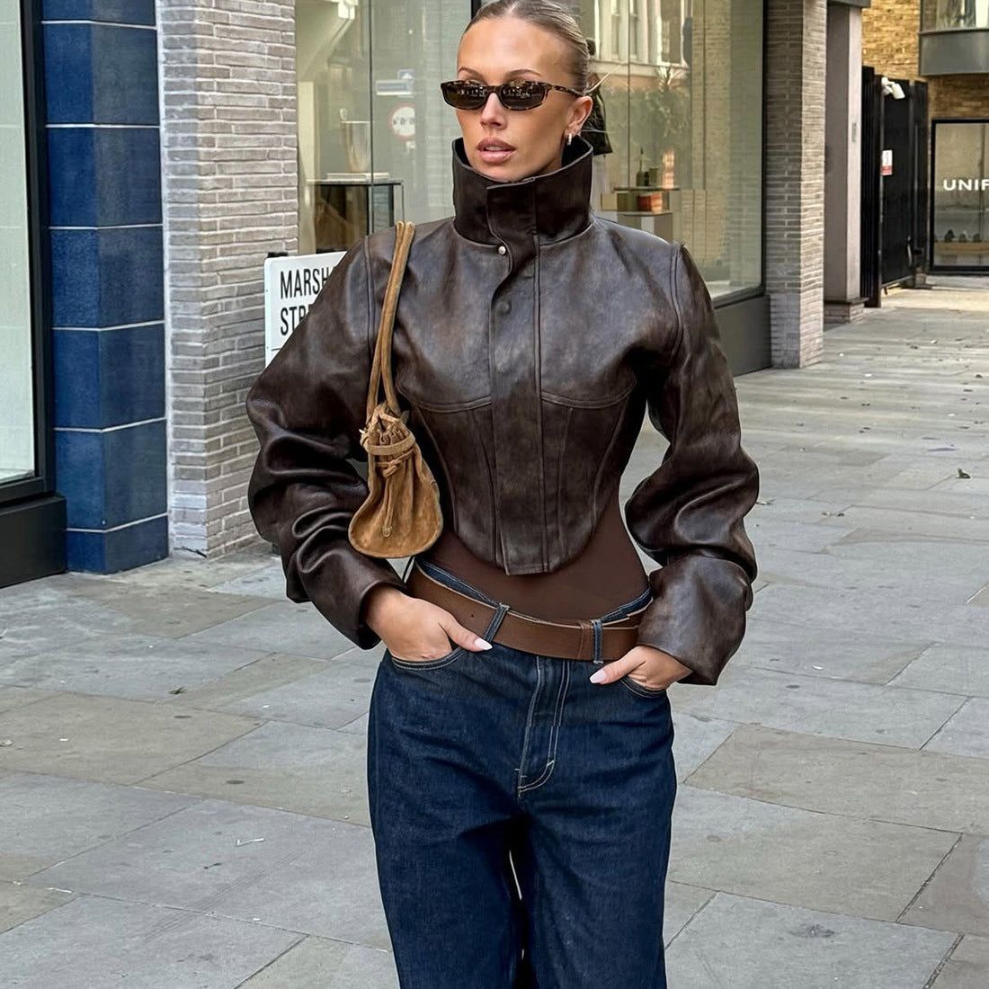 High Neck Zipper Short Pu Leather Jacket For Women