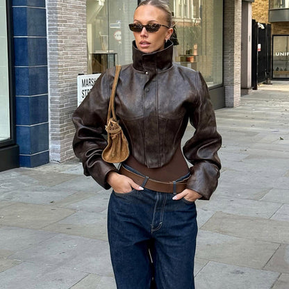 High Neck Zipper Short Pu Leather Jacket For Women