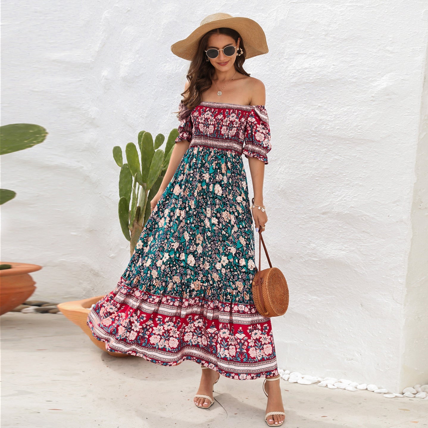 Bohemian Beach Resort Dress One Shoulder Puff Sleeve Midi Dress