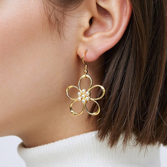 Stylish Floral Hollow Stainless Steel Pearl Drop Earrings