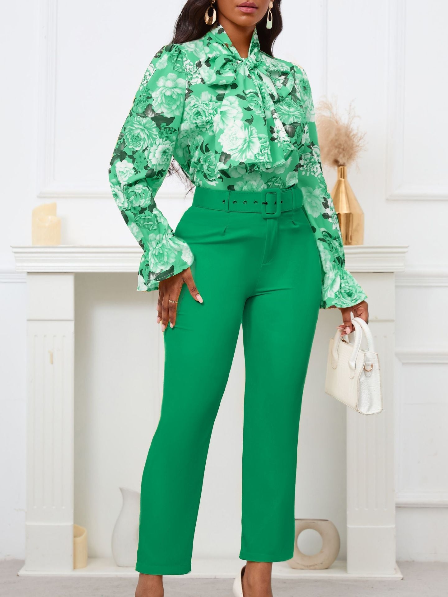 Fashion Floral Long Sleeve Top And High Waist Pants Set