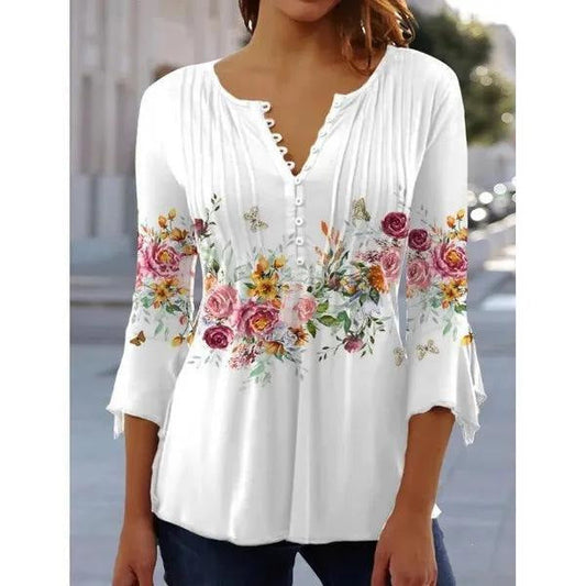 Spring And Summer Fashion New Women'S Clothing Floral Printing V-Neck Short-Sleeved Pleated Button-Up T-Shirt Bottoming Shirt