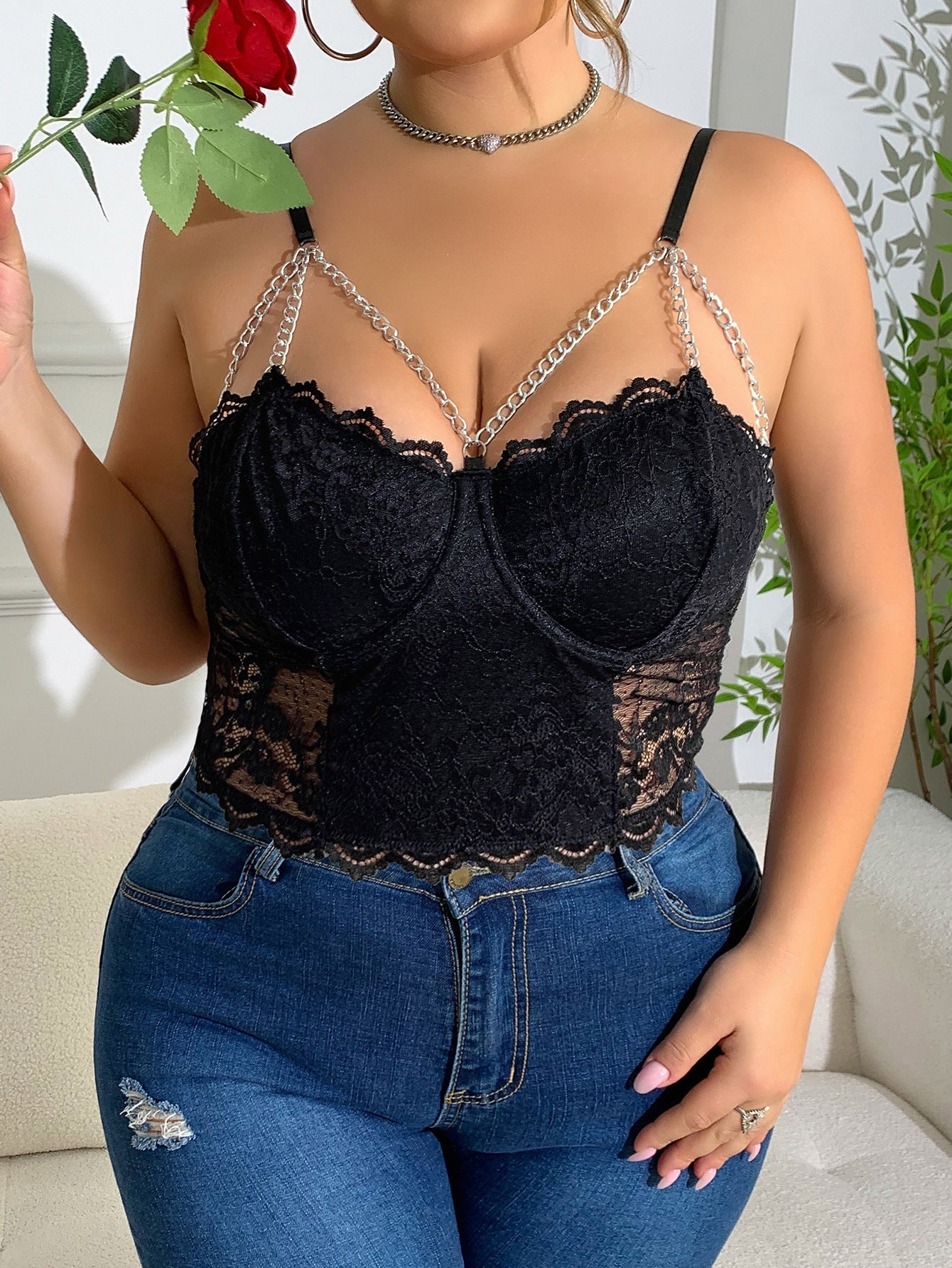 Plus Size Lace Camisole With Chain Detail For Sexy Casual Look