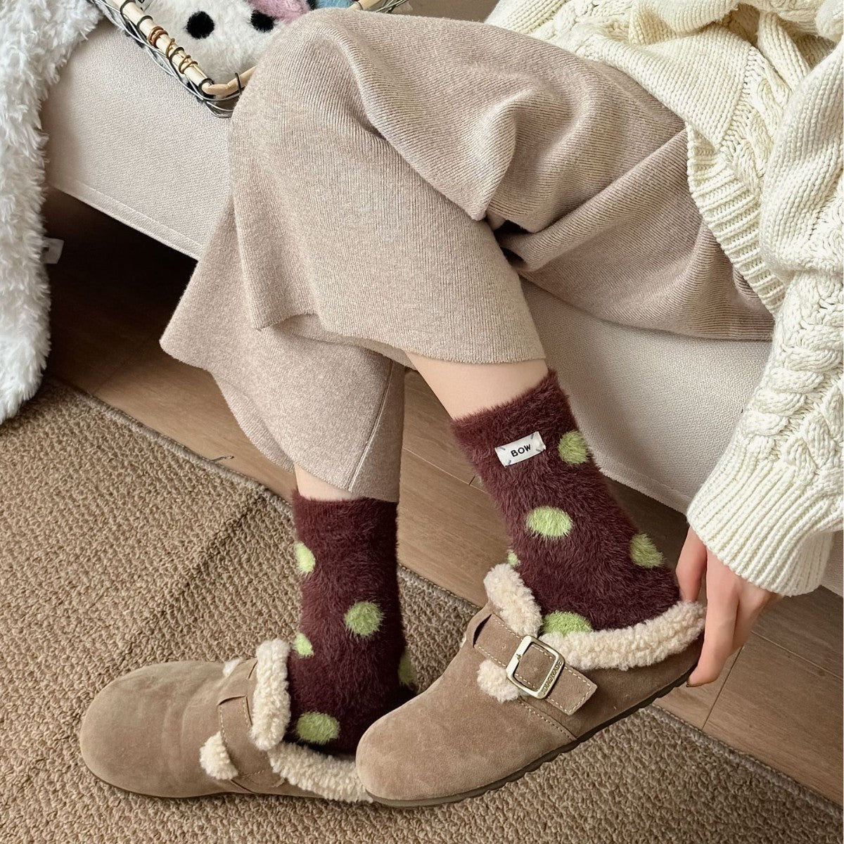 Cute Polka Dots Warm Plush Crew Socks