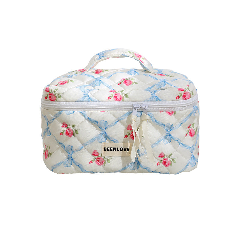 Cute Heart Print Cotton Quilted Cosmetic Bag