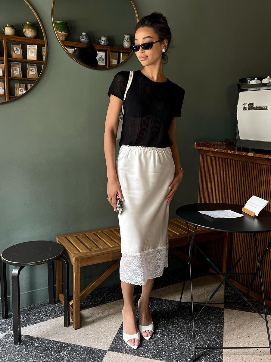 Lace Trim A-Line Skirt Elegant Casual Midi Skirt