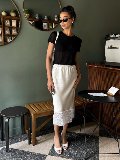 Lace Trim A-Line Skirt Elegant Casual Midi Skirt
