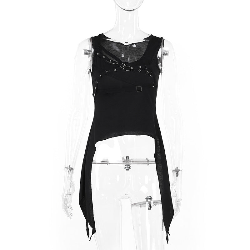 Trendy Black Irregular Eyelet Tank Top for Street Style