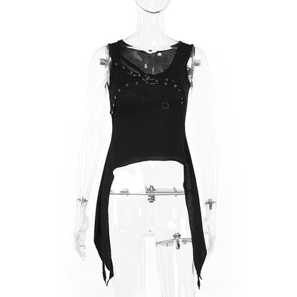 Trendy Black Irregular Eyelet Tank Top for Street Style