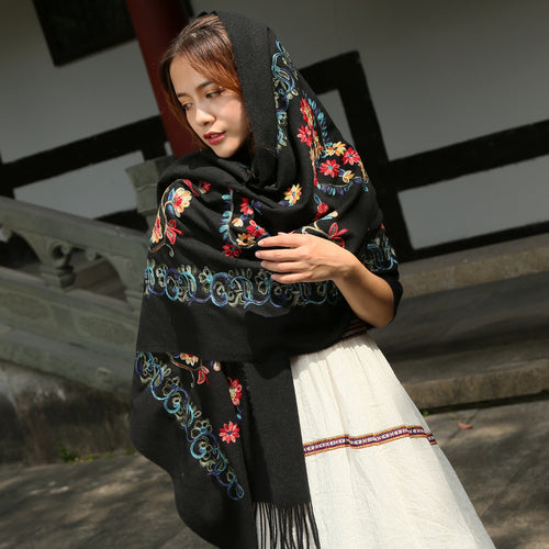 Thickened Imitation Cashmere Embroidered Scarf Shawl Dual-Purpose Autumn And Winter Warmth, Large Size High-End Retro National Style