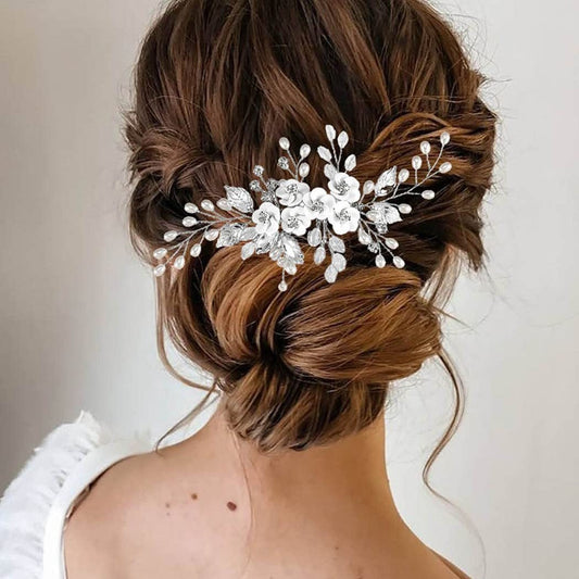 Handmade Pearl Flower Hair Comb with Gems in White