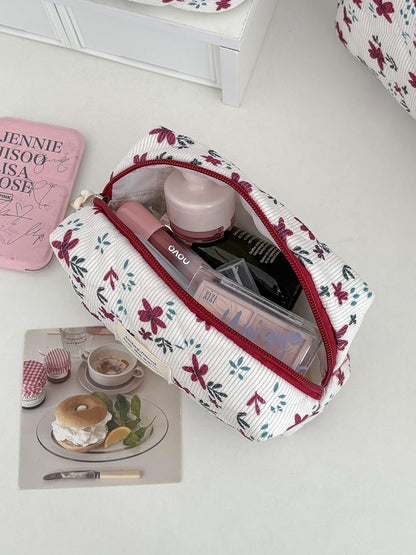 Burgundy Floral Corduroy Makeup Bag Large Capacity Travel Organizer