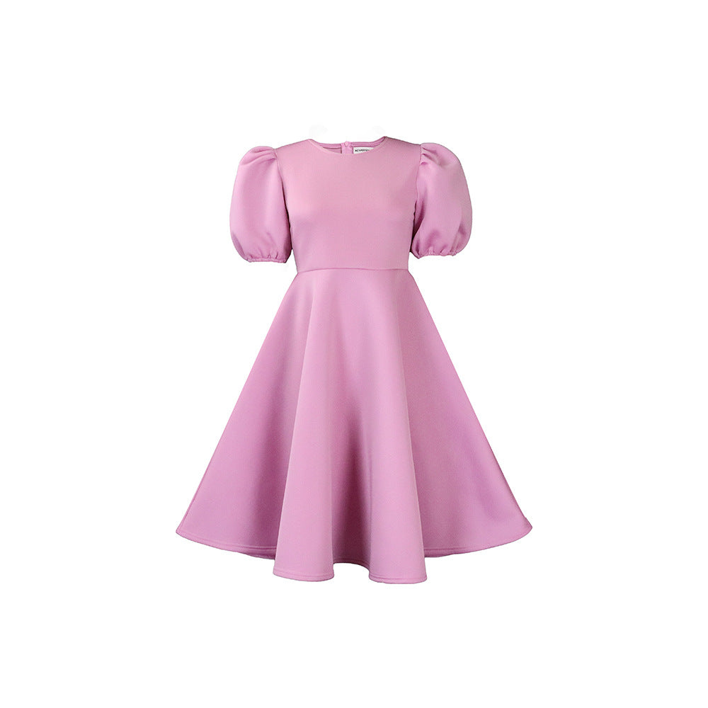 Elegant A-Line Dress With Puff Sleeves And Waist Tie