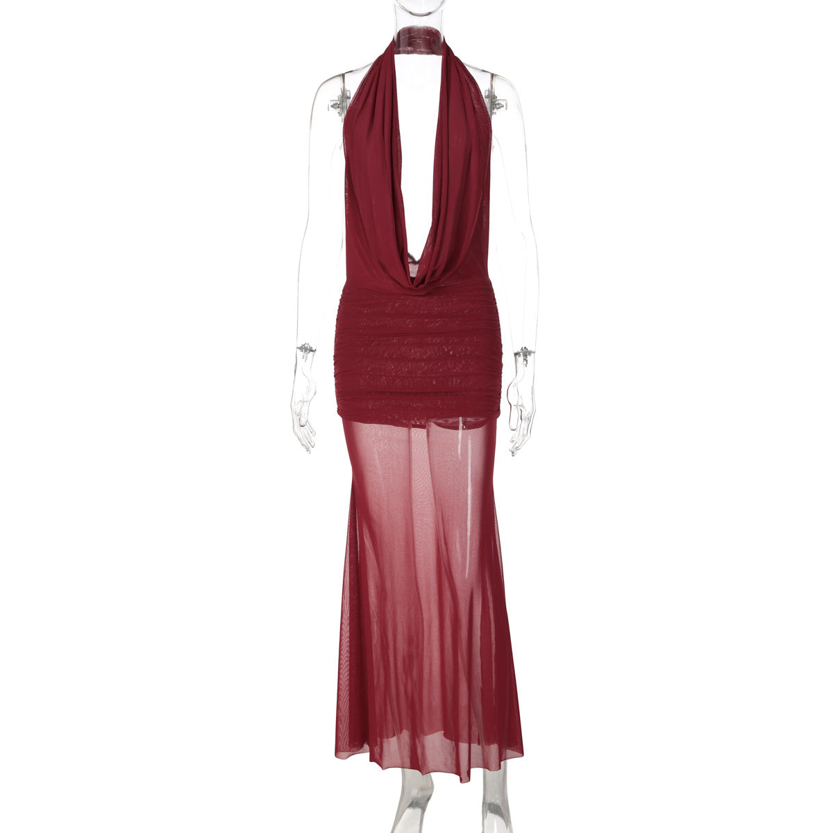 Fashionable Hollow Backless Deep V Bodycon Dress and Mesh Skirt Set
