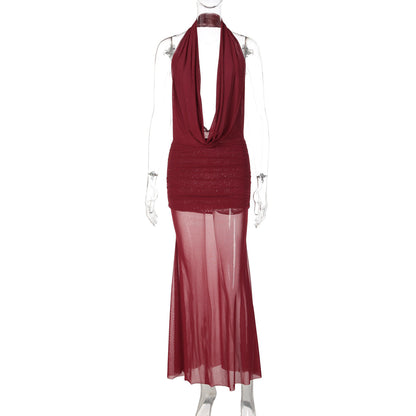 Fashionable Hollow Backless Deep V Bodycon Dress and Mesh Skirt Set