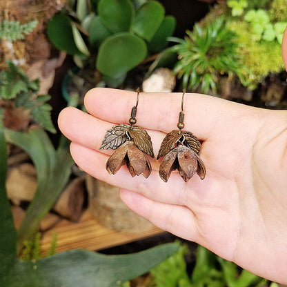 Creative Long Leaf Wood Earrings with Natural Dried Fruits