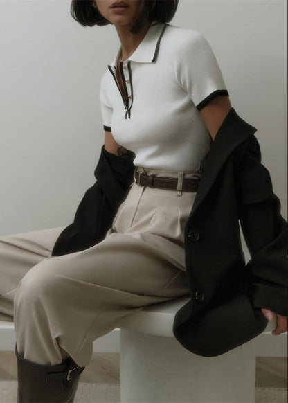 Ribbed Knit Polo Top with Contrast Trim