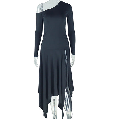 Trendy Solid Color Asymmetrical Dress With One-Shoulder Design