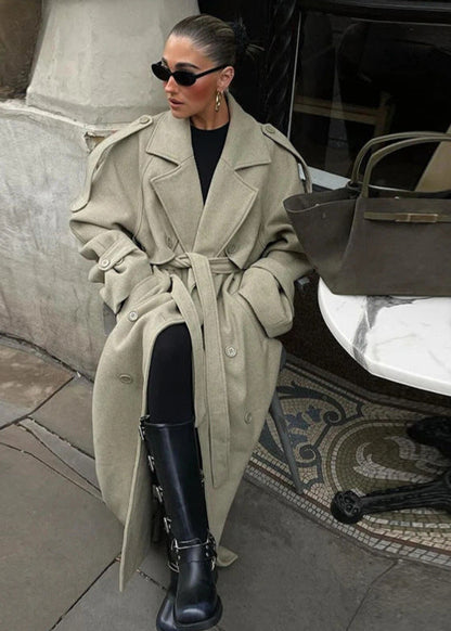 Oversized Wool Blend Coat With Waist Tie