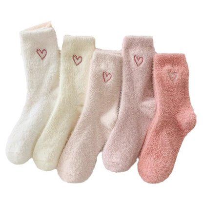 Cute Heart Embroidery Fuzzy Plush Socks
