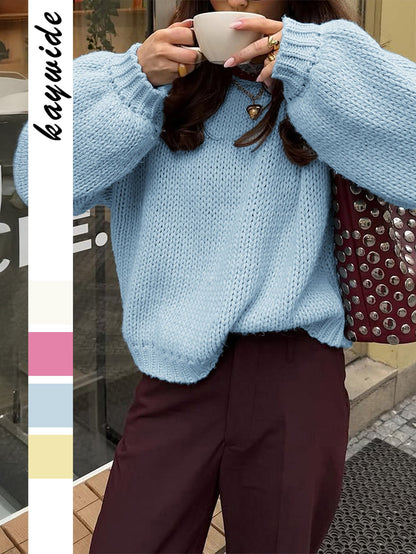 Casual Loose Fit Round Neck Long Sleeve Sweater for Women