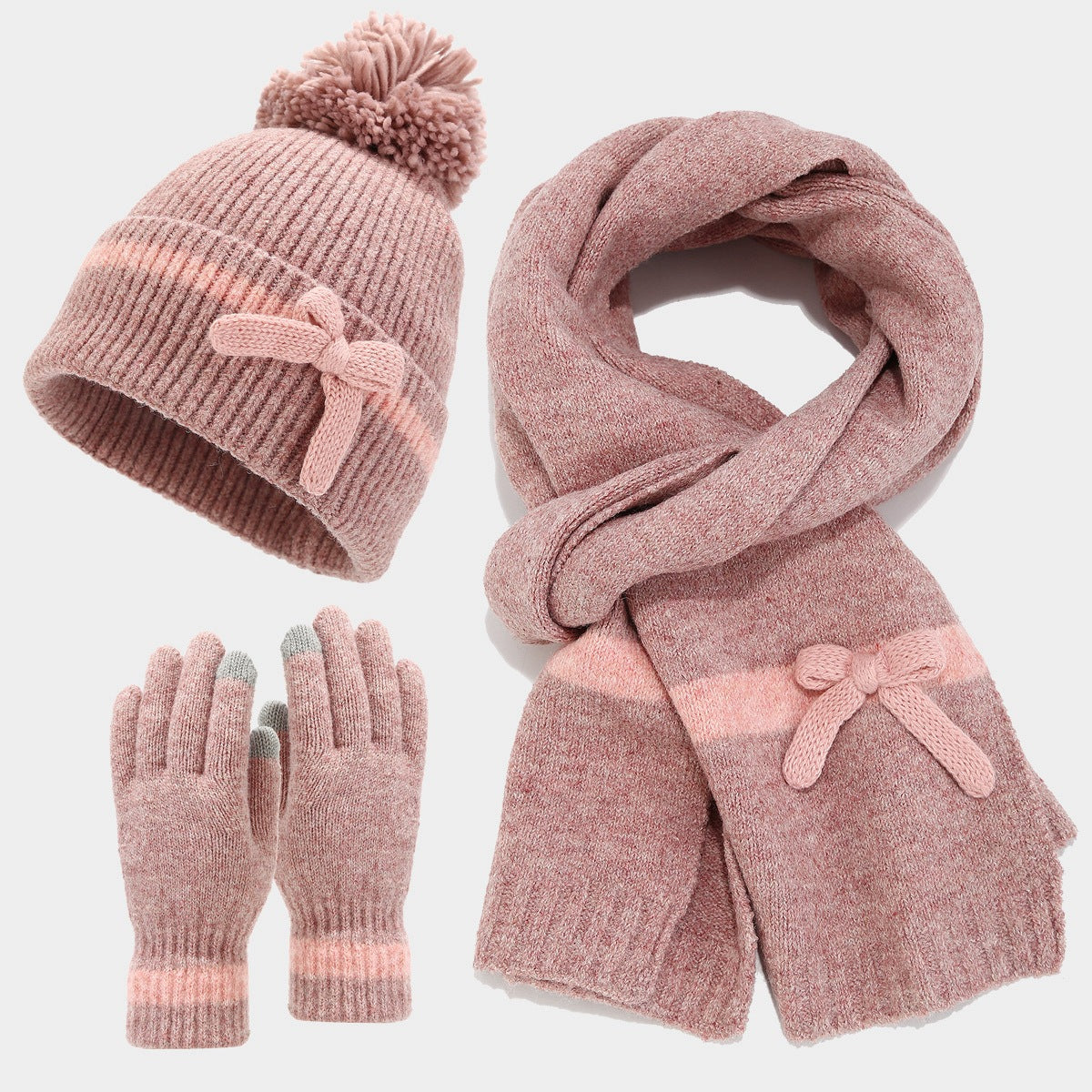 Winter Cute Bow Knot Hat Scarf Gloves Set