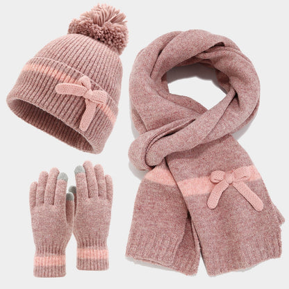 Winter Cute Bow Knot Hat Scarf Gloves Set