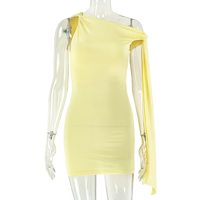 Elegant Slim-Fit Solid Color Dress With Asymmetric Neckline
