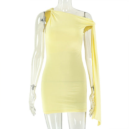Elegant Slim-Fit Solid Color Dress With Asymmetric Neckline