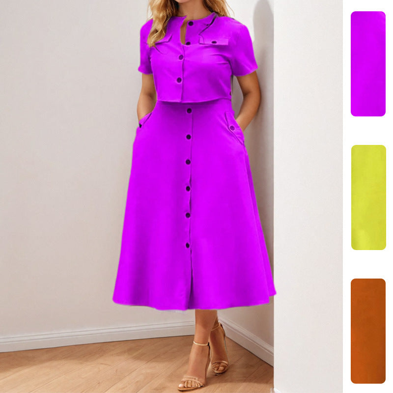 Elegant Solid Color Casual Short Sleeve Top and Skirt Set