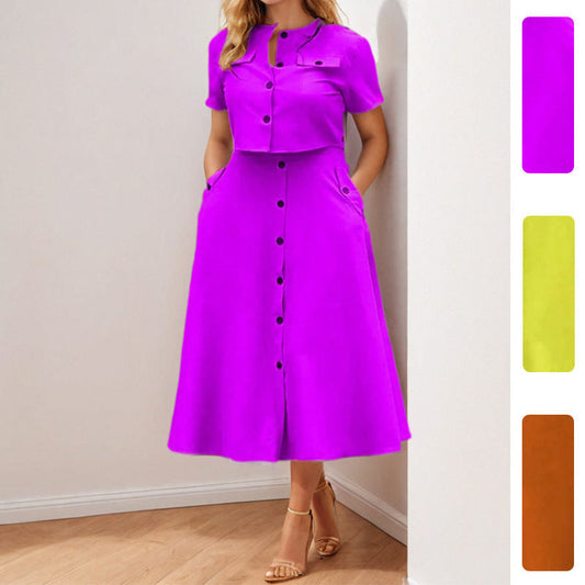 Elegant Solid Color Casual Short Sleeve Top and Skirt Set