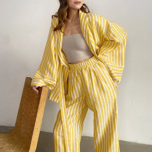 Fashionable Striped Long Sleeve Loose Tie Top & High Waist Pants Set