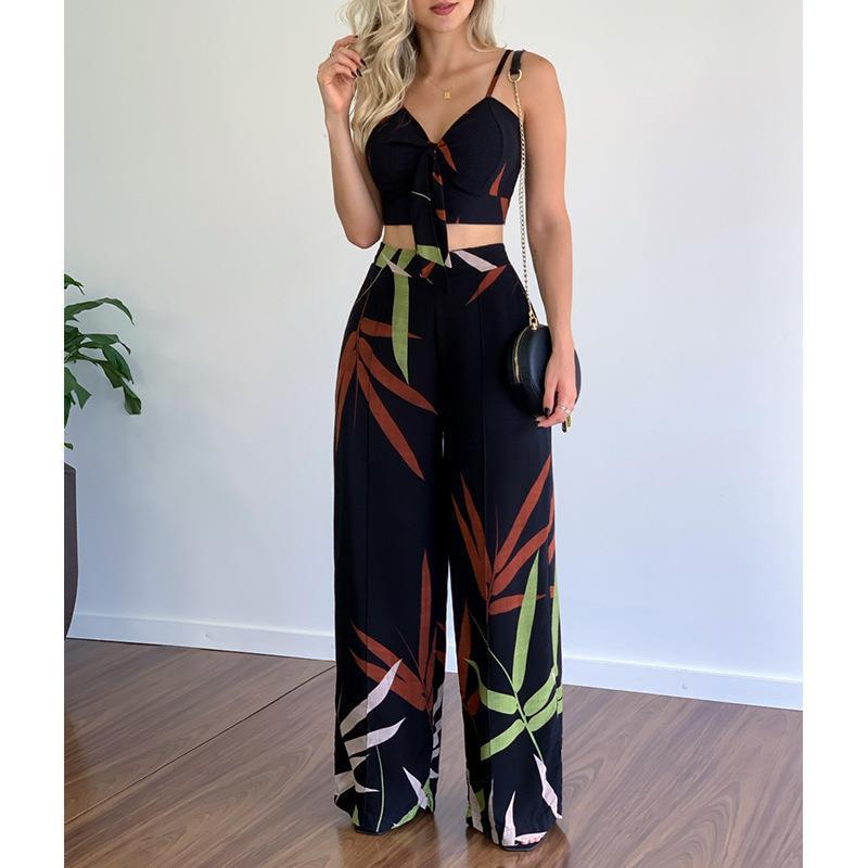 Trendy Two-Piece Set Sleeveless Floral Blouse and Trousers