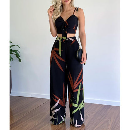 Trendy Two-Piece Set Sleeveless Floral Blouse and Trousers