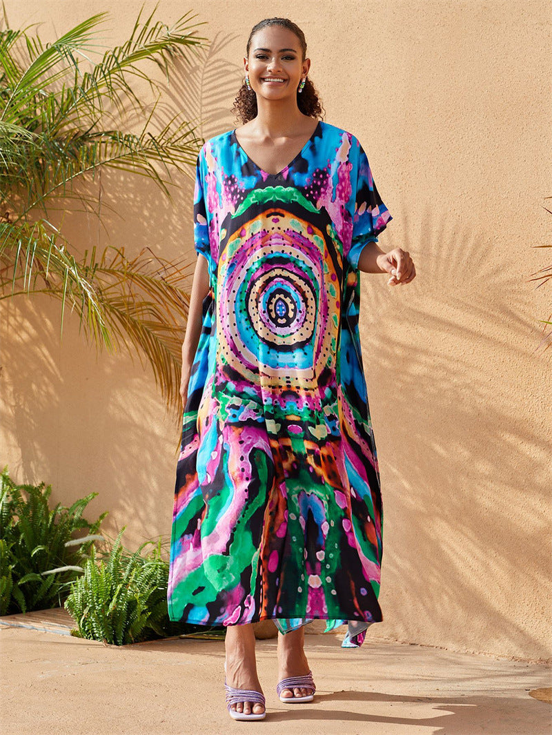 Cotton Watermark Printed Beach Blouses Robe-Style Holiday Sunscreen Blouses Bikini Blouses