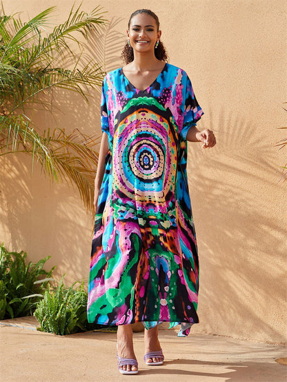 Cotton Watermark Printed Beach Blouses Robe-Style Holiday Sunscreen Blouses Bikini Blouses