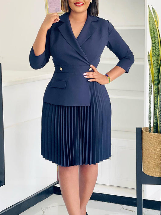 Elegant Solid Color Blazer Dress With Pleats