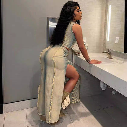 Trendy 3D Patterned Denim Vest And Skirt Set