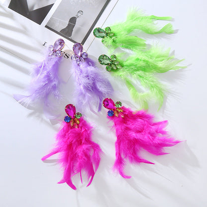 Feather Long Earrings with Rhinestones Stylish Geometry Design