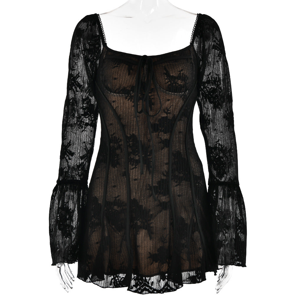 Lace Backless Wrap Floral Sleeves Mini Dress