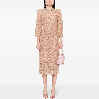 Beaded Long Sleeve Lace Dress Elegant Casual Style