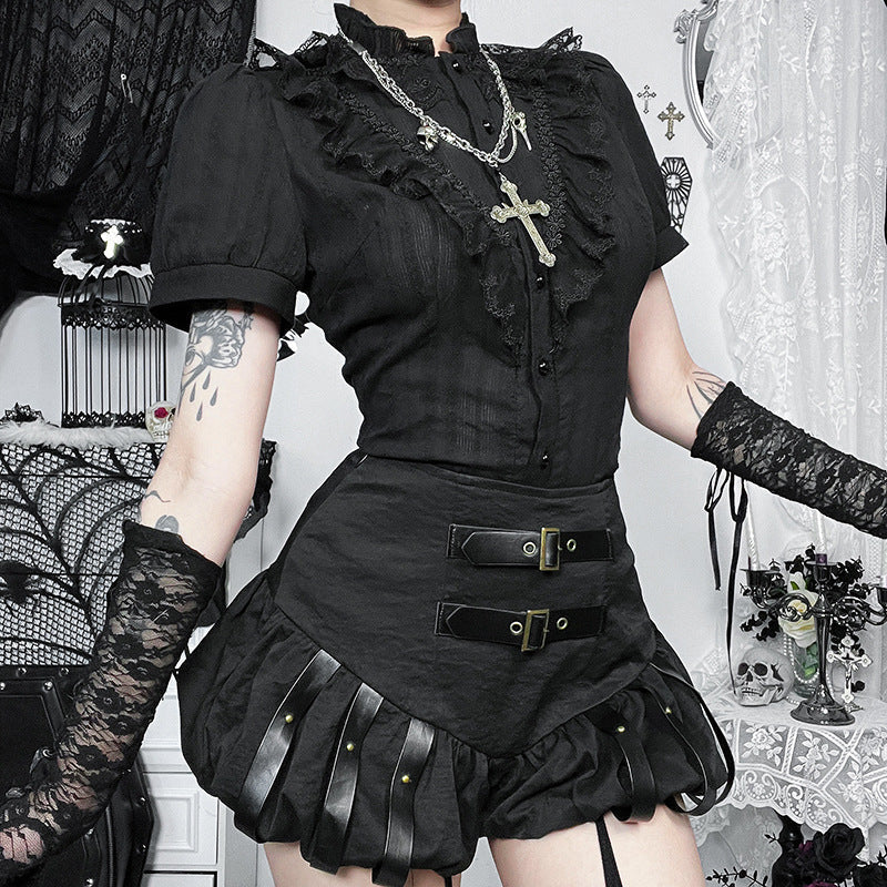 Steampunk Pumpkin High-Waisted Shorts with Leather Patches