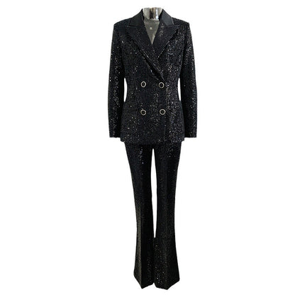 Fashionable Velvet Sequin Double-Breasted Blazer And Flared Pants Set