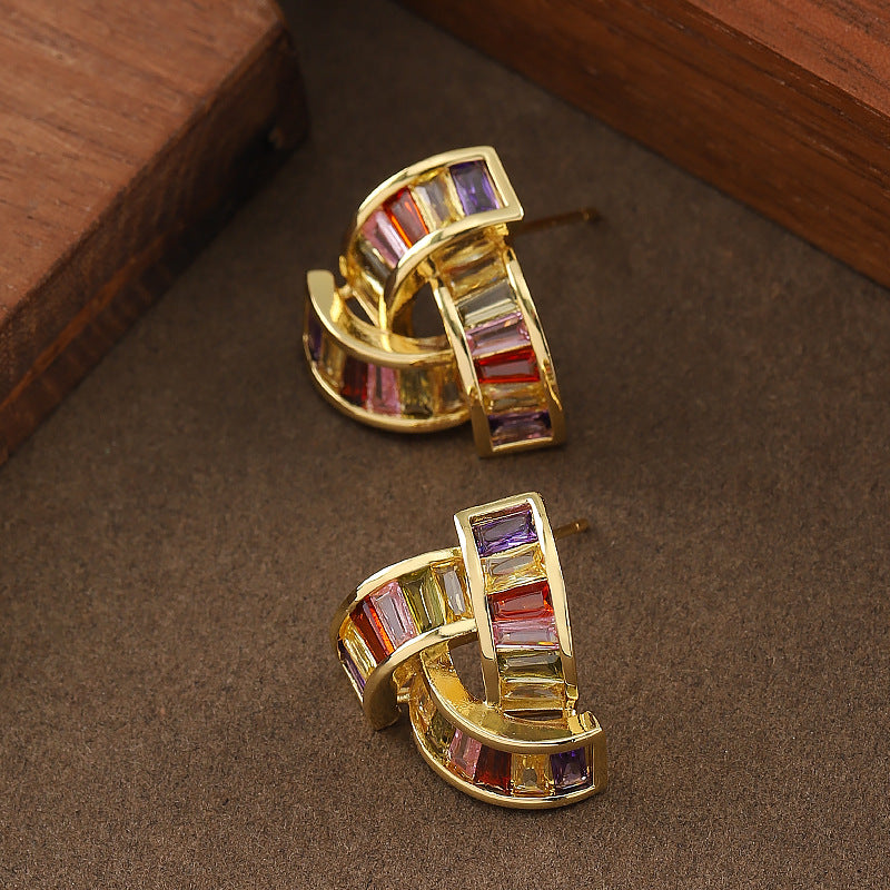 Fashionable Geometric Triangle Earrings With Colorful Zircon Stones