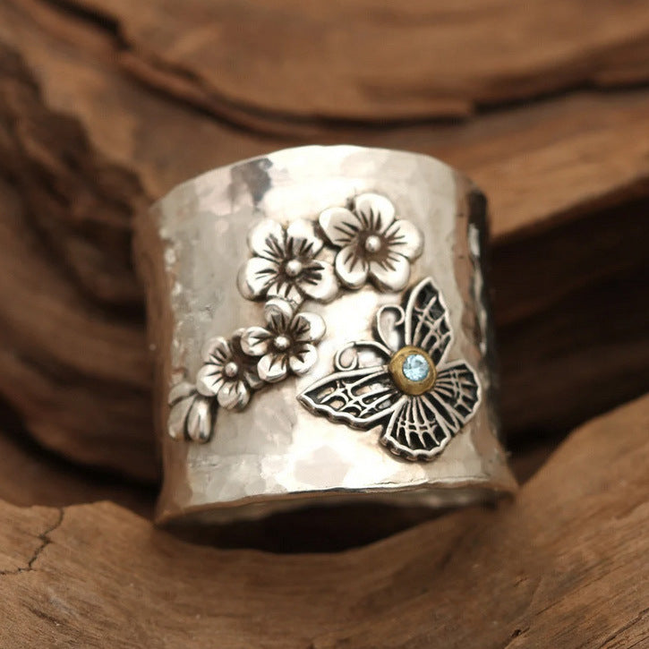 Vintage Statement Ring, Bee, Butterfly Flower, Leaf Embossed Band