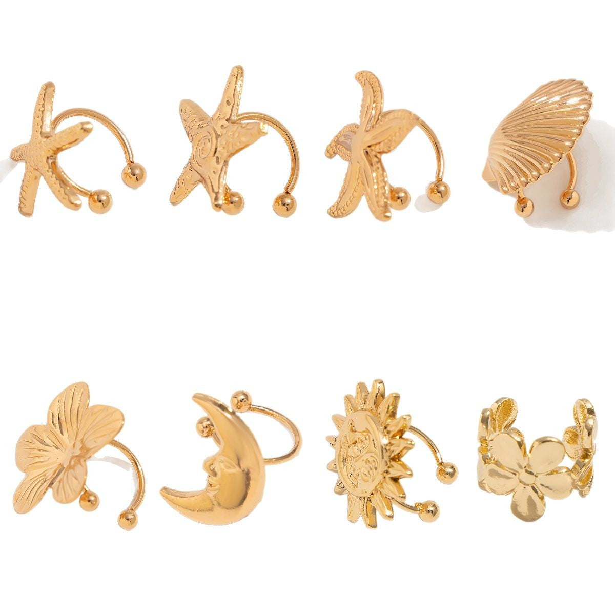 Sea Star Shell C-Shaped Earrings With Floral Design
