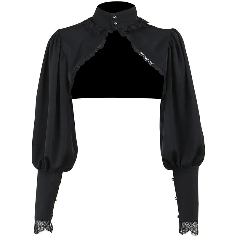 Short Black Lace Trim High Neck Top