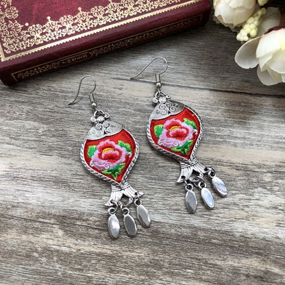 National Style Embroidered Tassel Earrings Retro Fashion Chime Earrings Ethnic Style Versatile Earrings