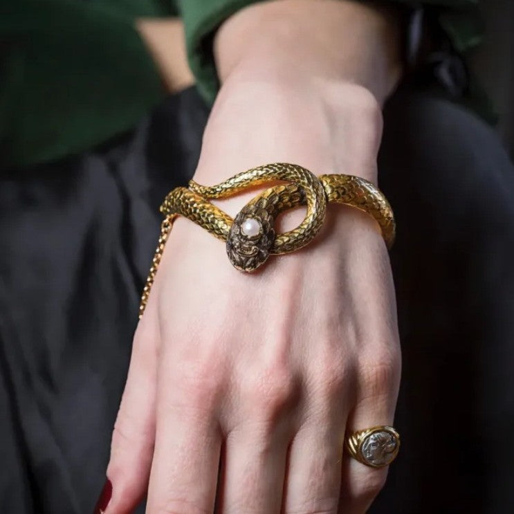 Vintage Gold Snake Bracelet with Pearl Detail